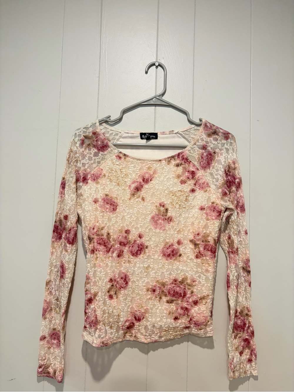 Self Esteem Cream Lace Long-Sleeve Top with Pink Rose Print